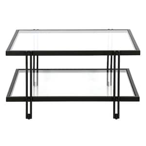 32 in. Black Square Glass Coffee Table with Shelves;Storage