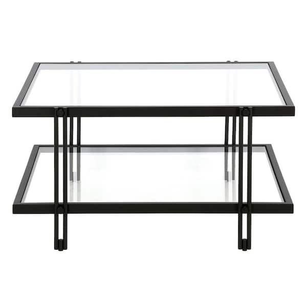 HomeRoots 32 in. Black Square Glass Coffee Table with Shelves;Storage