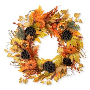 24 in. D Fall Pumpkin Leaf Floral Unlit Wreath