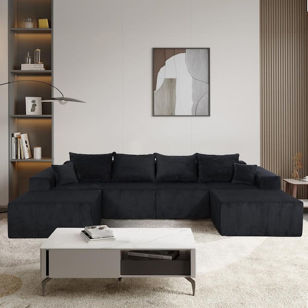 SSOXSJ 128.3 in. Square Arm 6-Piece Corduroy Free Combination Modular Sectional Sofa with Ottomans in. Carbon Black