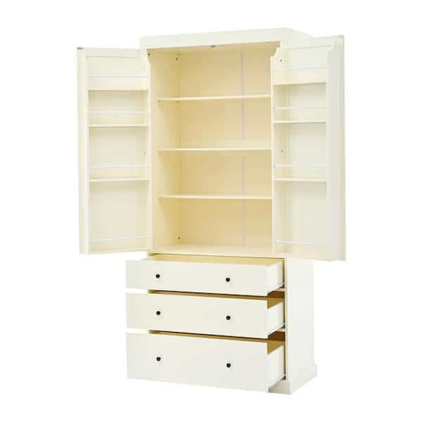 77 in. Cream Freestanding Kitchen Pantry Tall Storage Cabinet with 3 Adjustable Shelves, 8 Door Shelves, 3 Drawers