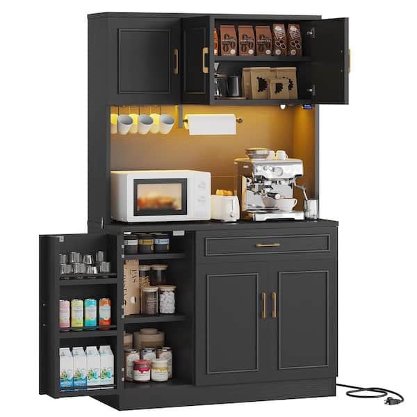 Farmhouse Black Manufactured Wood Buffet with Hutch, Power Outlet, LED Lighting and Adjustable Shelves