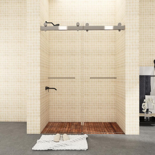 JimsMaison 60 in. W x 79 in. H Double Sliding Frameless Shower Door in Brushed Nickel Finish with Clear Glass