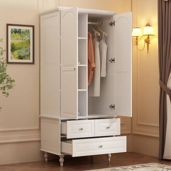 FUFU&GAGA White Paint Wood 2-Door Armoires with Hanging Rod, 3-Drawers, Adjustable Shelves 70.9 in. H x 31.5 in. W x 19.7 in. D