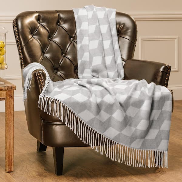 Geometric Cube Gray Acrylic Throw Blanket with Tassels - 50 in. x 65 in.