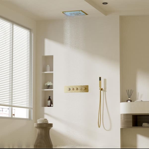 3-Spray 16 in. LED 64 Color Thermostatic Dual Shower Head and Handheld Shower Head Ceiling Mount 2.5 GPM in Brushed Gold