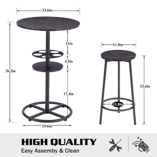 3-Piece Bar Table Set with Wine Rack, Round Bistro Table with 2 Stools for Breakfast Nook, Kitchen Black DiningTable Set