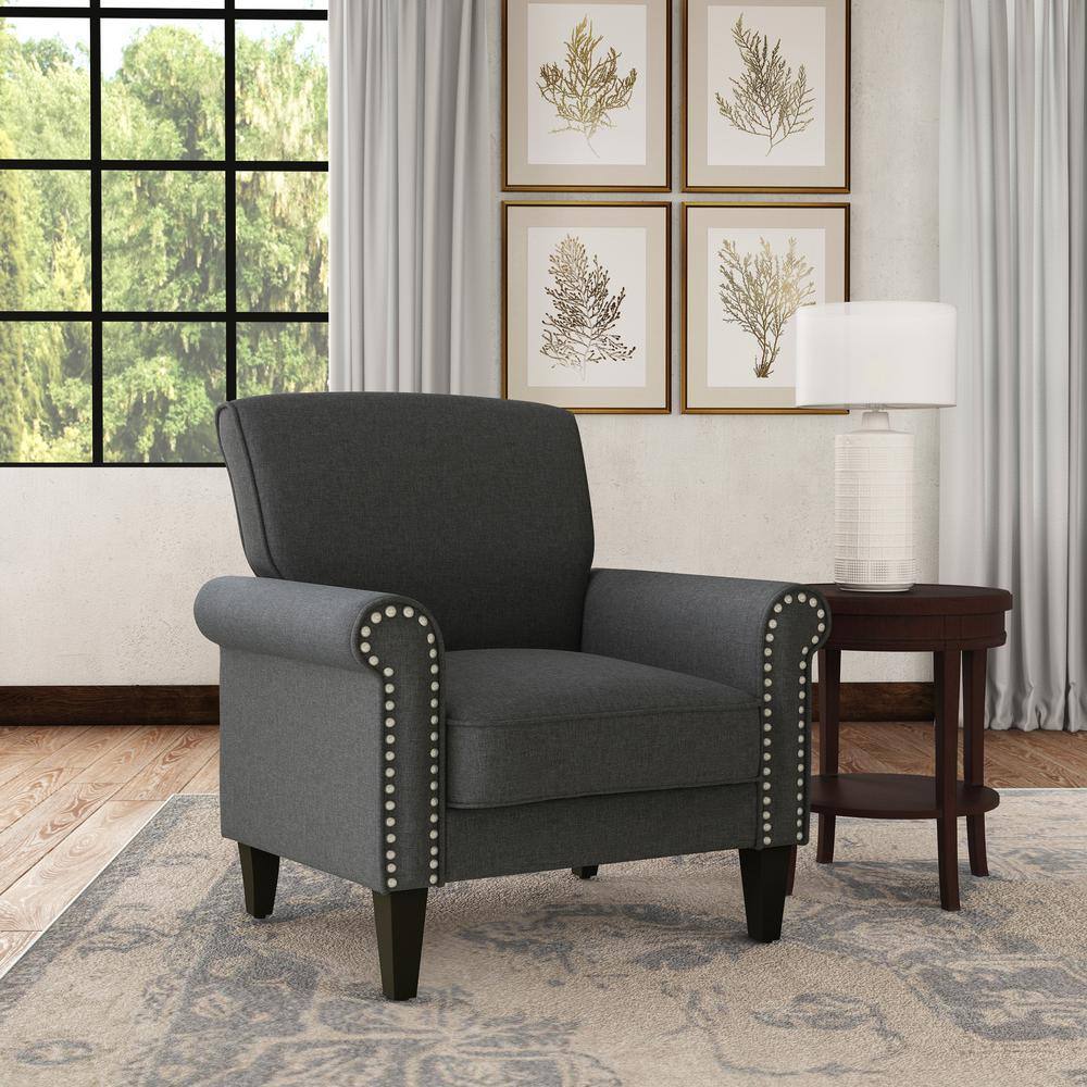 Charcoal Gray Linen Arm Chair with Wood Legs