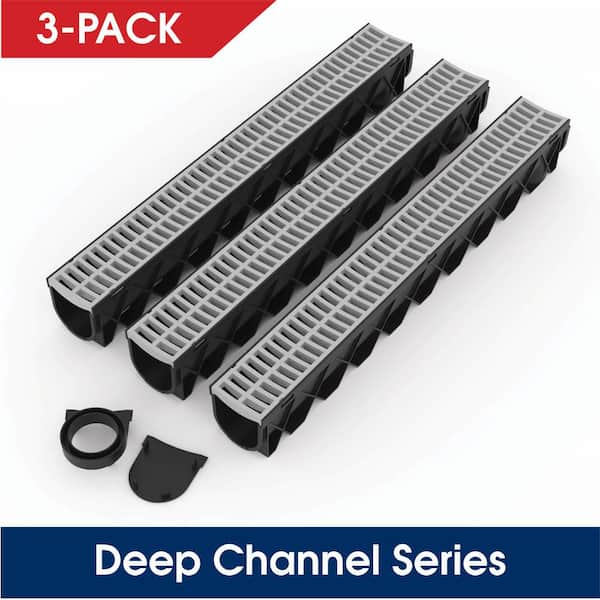 RELN Storm Drain Series 5 in. W x 5.25 in. D x 39.4 in. L Channel Drain Kit with Portland Grey Grate (3-Pack)