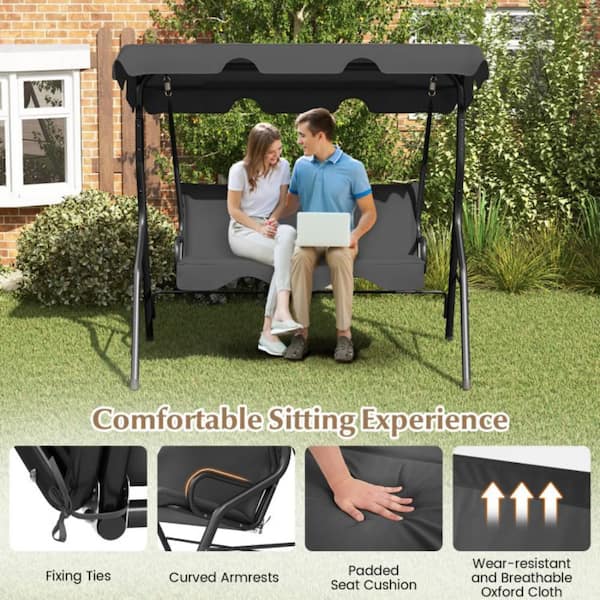 3-Person Metal Outdoor Patio Porch Swing in Gray with Adjustable Canopy Waterproof Cushions for Patio Garden Poolside