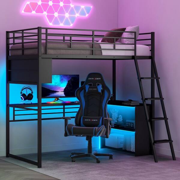 Harper & Bright Designs E-Sports Style Black Metal Frame Full Size Loft Bed with LED Light, Built-in Desk, Shelves