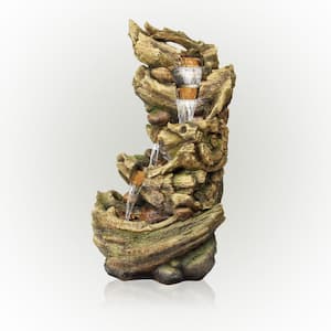 47 in. Tall Outdoor 5-Tier Tree Trunk Waterfall Floor Fountain with LED Lights