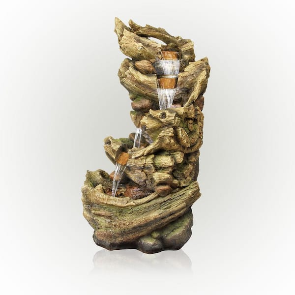 Alpine Corporation 47 in. Tall Outdoor 5-Tier Tree Trunk Waterfall Floor Fountain with LED Lights