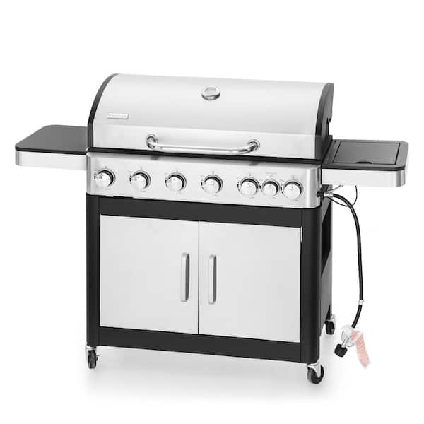 6 Burner Propane Gas Grill in Stainless Steel with Side Burner Hose and Regulator