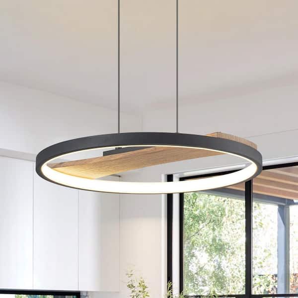 Vanessa 1-Light Modern Black Round Wood Integrated LED Pendant Light for Dining Room