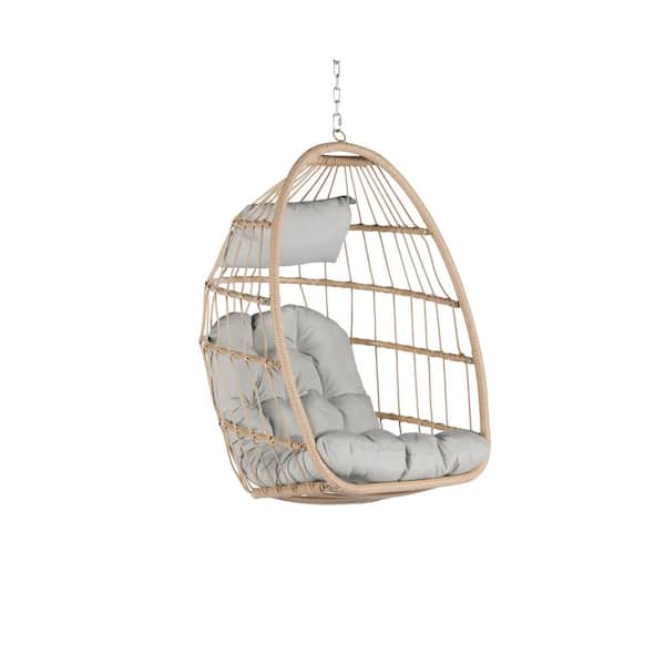 Unbranded Wicker Outdoor Garden Rattan Egg Swing Chair Hanging Porch Swing Chair with Light Gray Cushion