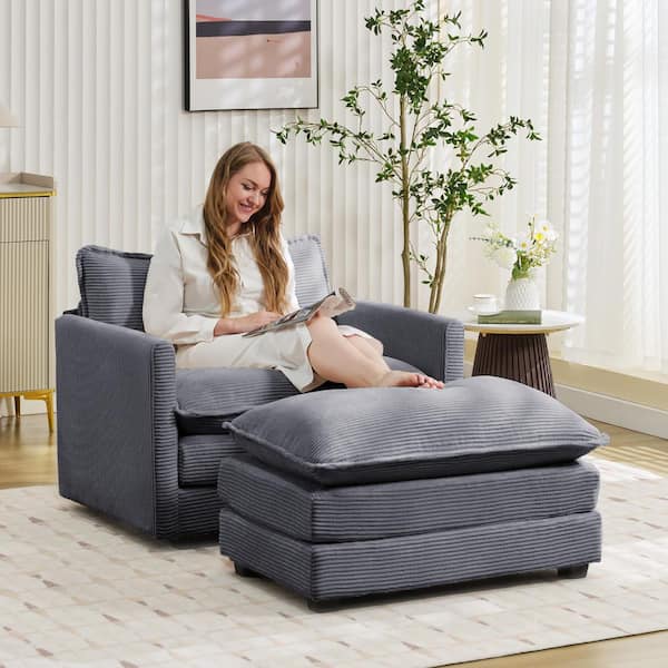 Modern Dark Grey Corduroy Accent Armchair with Ottoman for Living