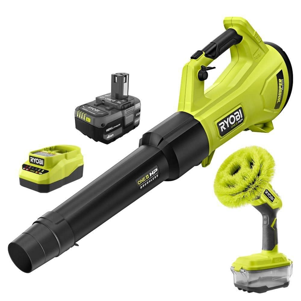 ONE+ HP 18V Brushless 450 CFM Cordless Leaf Blower w/ 4.0 Ah Battery, Charger, & FREE ONE+ 18V Cordless Power Scrubber