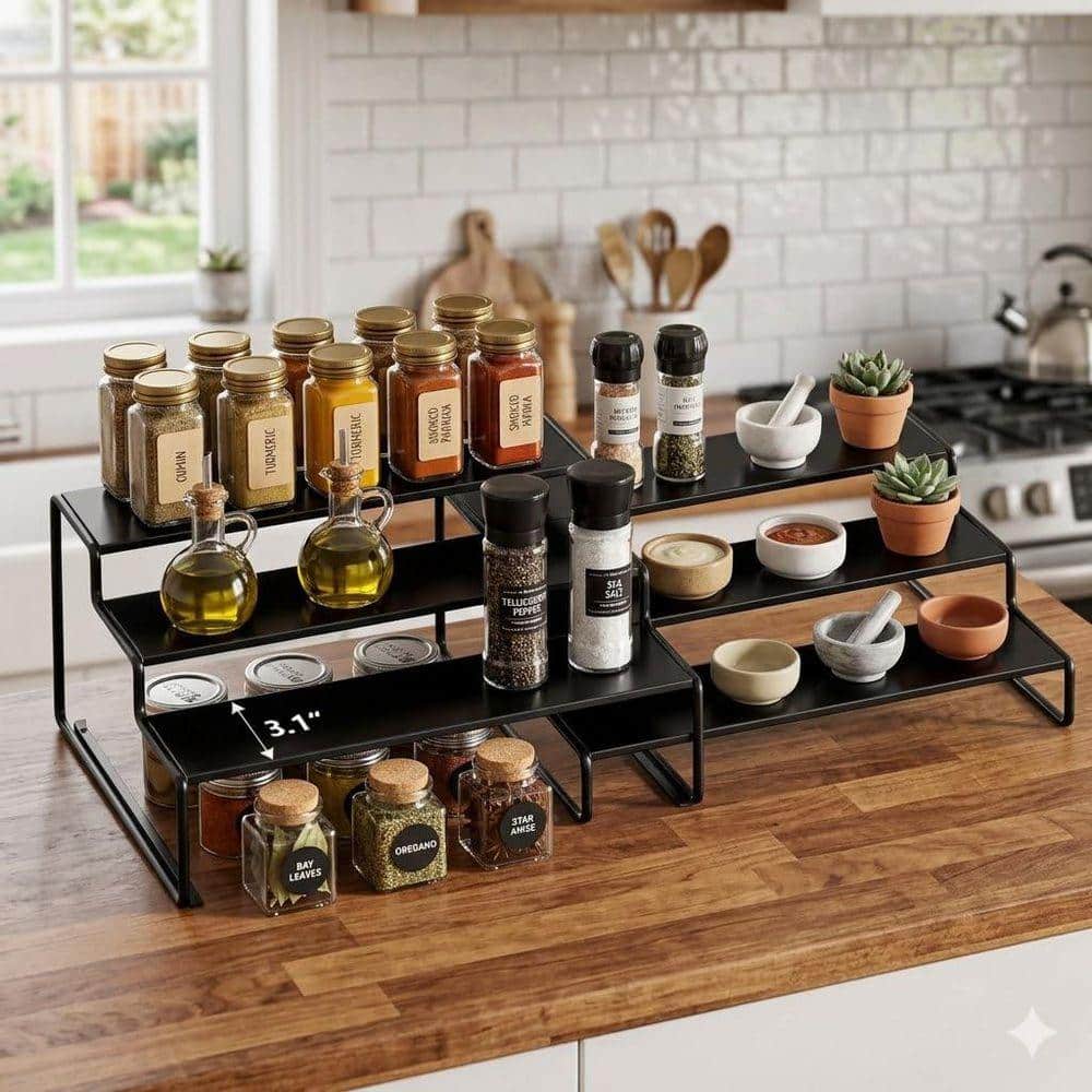 JFVKAF Black Metal Spice Rack Cabinet Organizer 2 Pack 3 Tier Drawer ...