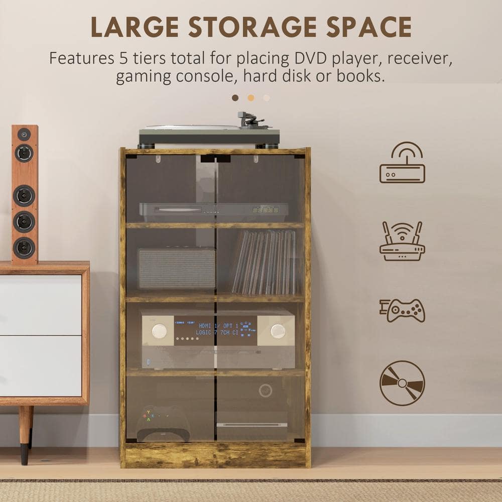 Rustic Brown 5-Tier Media Stand Cabinet with Glass Doors