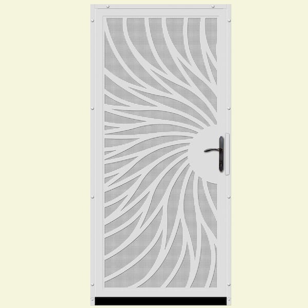 Unique Home Designs 36 in. x 80 in. Solstice White Surface Mount Steel Security Door with Insect Screen and Bronze Hardware