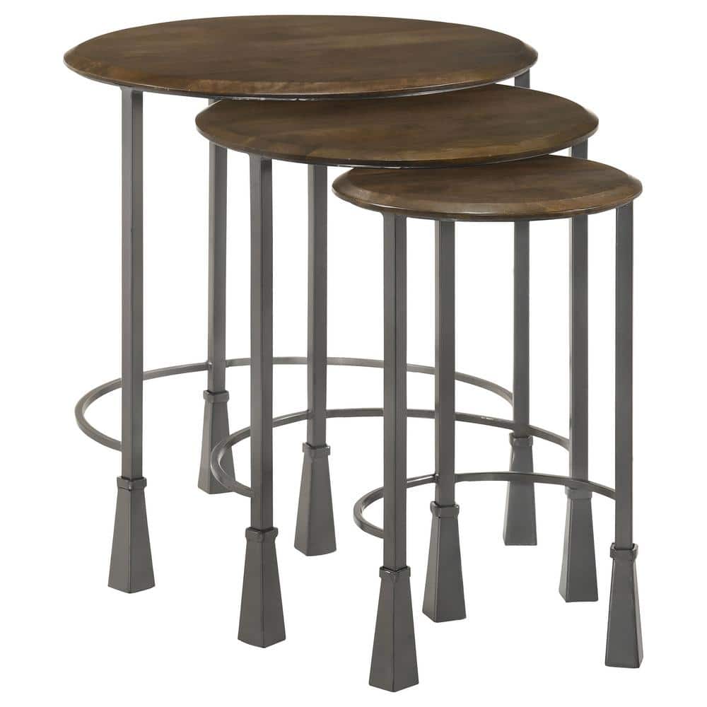 Industrial Round Black and Brown Wood Metal Nesting Tables