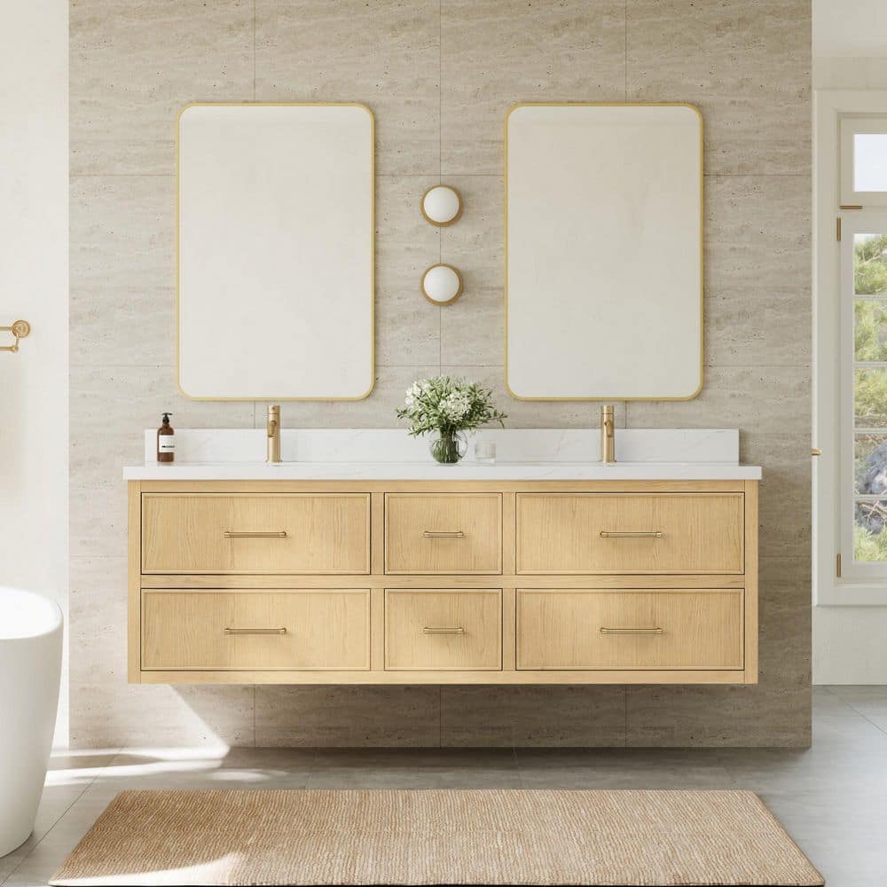 Isola WM 71.75 in. Double Wall-Mounted Scandinavian Oak with Satin Bronze Trim Bath Vanity with Giotto Quartz Top price history on PriceWatchPro