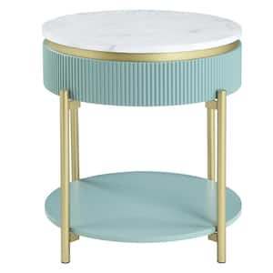 Kivelle 23 in. Green and White Round Wood End Table with Drawer