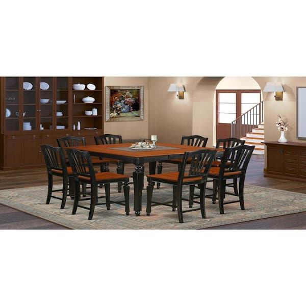 9-Piece Square Black Finish Solid Wood Top Dining Table with 8-Chairs with Lattice Back