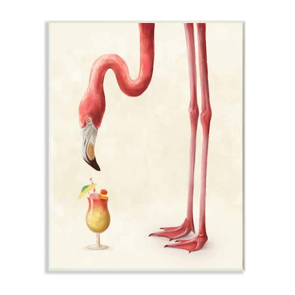 Stupell Industries "Thirsty Pink Flamingo Tropical Long Leg Drink Humor" by Ziwei Li Unframed Animal Wood Wall Art Print 13 in. x 19 in.