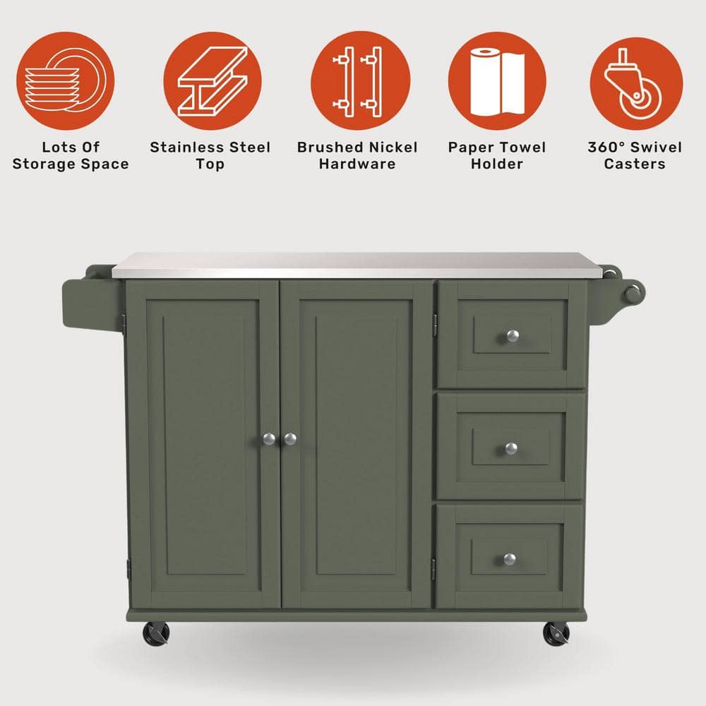 Sage Green Stainless Steel Top Kitchen Cart with Storage