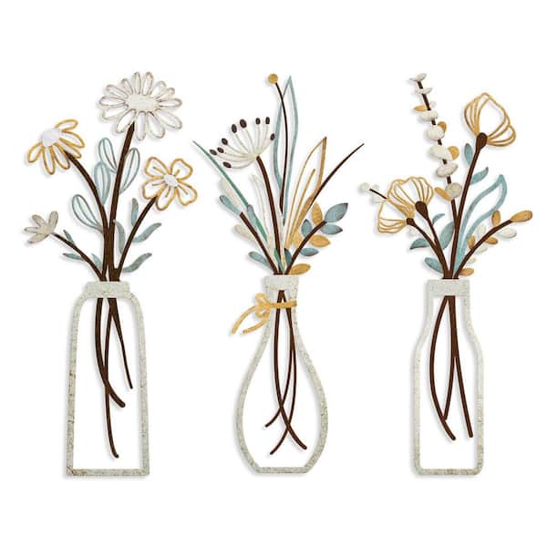 Beige Gold Metal Flower Wall Art with Rustic Farmhouse and Minimalist Style for Home Decor Housewarming Gifts (3-Pack)