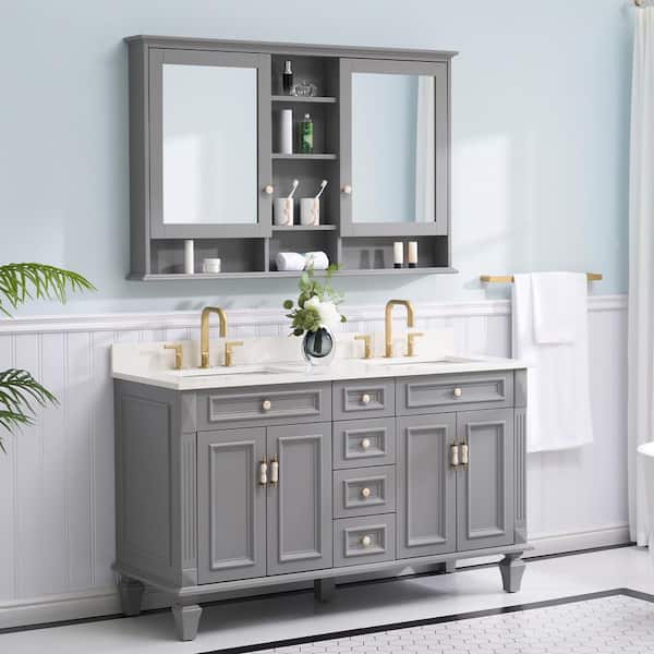 WELLFOR 60 in. W x 22 in. D x 35 in. H Double Sink Gray Bath Vanity with Carrera White Quartz Top with 55 in. Medicine Cabinet