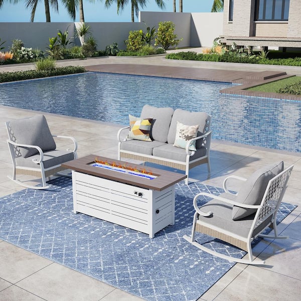 PHI VILLA White 4-Piece Metal Outdoor Patio Conversation Seating Set with Rocking Chair 50000 BTU Fire Pit Table and Gray Cushion