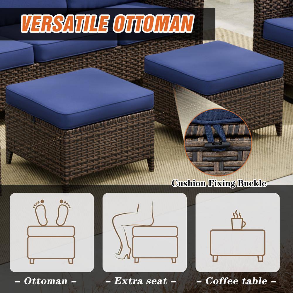 4-Piece Brown Wicker Patio Set with Blue Cushions and Ottomans