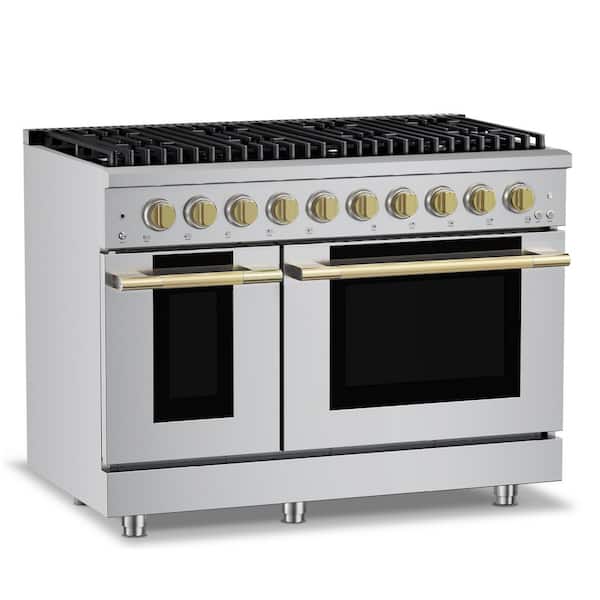 HausPro 48 in.8-Burners(20,000 BTU) Freestanding Double Oven Dual Fuel Range in Stainless Steel w/Convection Satin Brass