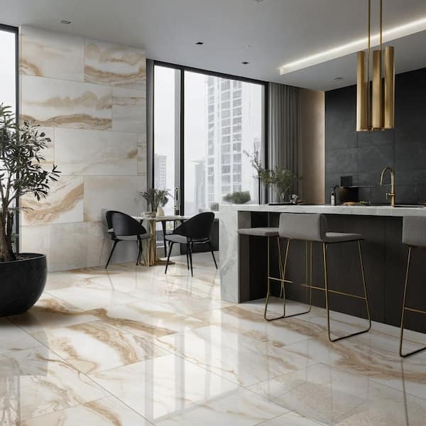 Gallaxy Almond 24 in. x 48 in. Polished Porcelain Stone Look Floor and Wall Tile (15.50 sq. ft./Case)