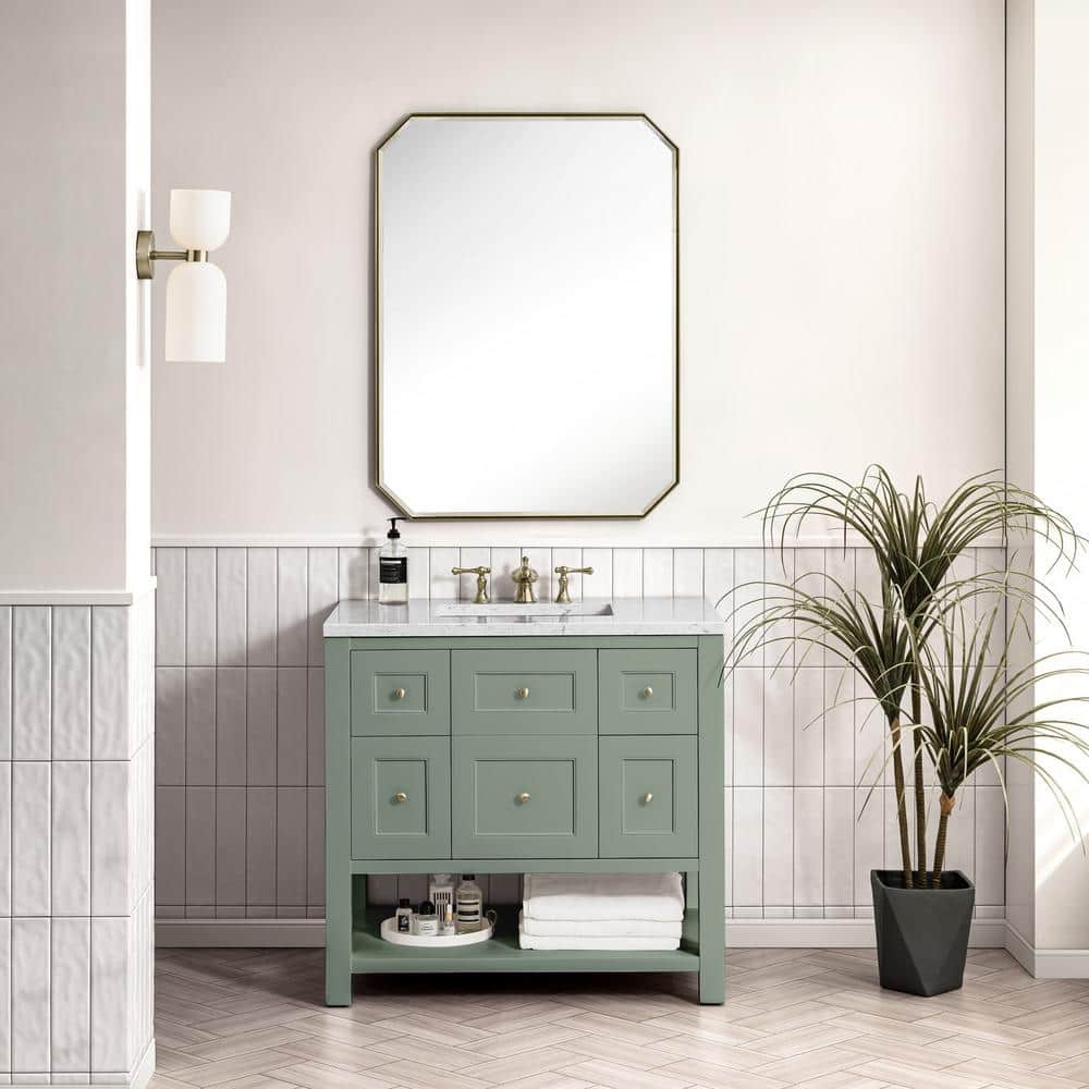 Smokey Celadon Green Solid Wood Single Vanity Base with Brass Knobs