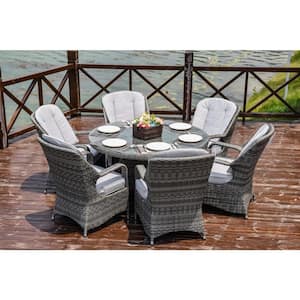 Lunas Grey 7-Piece Wicker Outdoor Dining Set with Beige Cushion