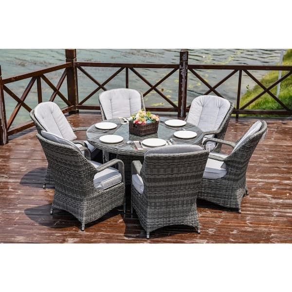 moda furnishings Lunas Grey 7-Piece Wicker Outdoor Dining Set with Beige Cushion