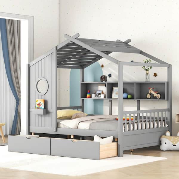 Saxton Gray Full Size Wooden Kids House Bed with 2-Drawers, Platform Bed with Storage Shelf