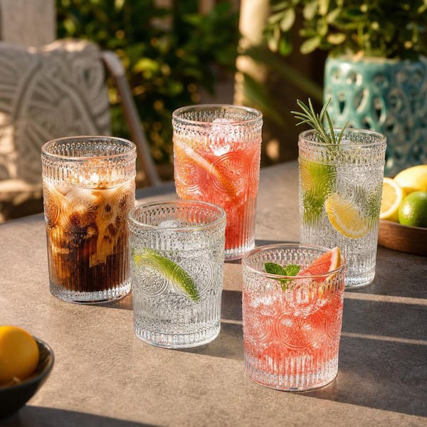 Wudkey Vintage Drinking Glasses Set of 12, 6 Highball Glasses 13 oz. & 6 Rocks Glasses 10 oz. for Mojito, Cocktail, Iced Coffee