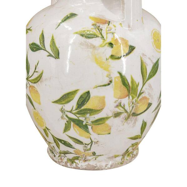 9 in. White Ceramic Pitcher Decorative Vase 1 PC with Yellow Lemon