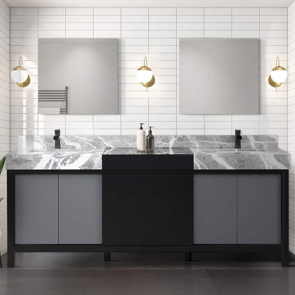 Zilara 84" Double Vanity with Castle Gray Marble Top and Black Faucet