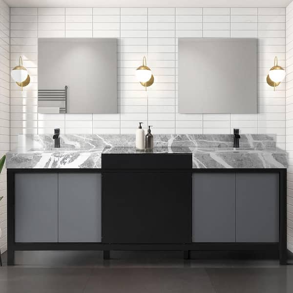 Lexora Zilara 84 in W x 22 in D Black and Grey Double Bath Vanity, Castle Grey Marble Top and Matte Black Faucet Set