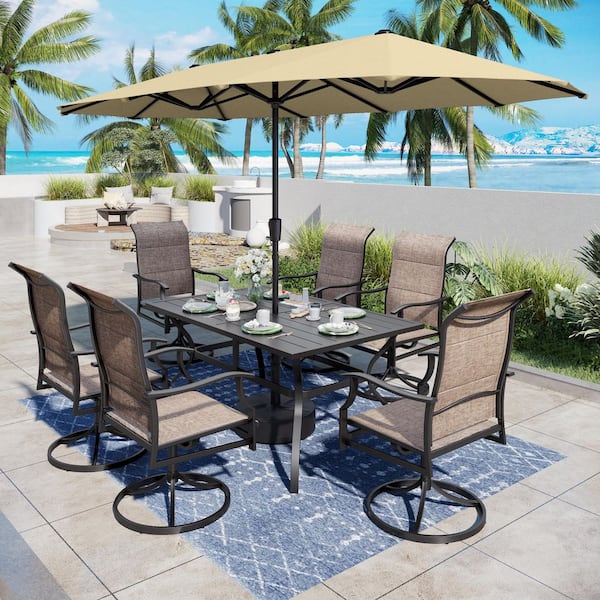 PHI VILLA 8-Piece Metal Outdoor Patio Dining Set with 6-Padded Textilene Swivel Chairs and Umbrella