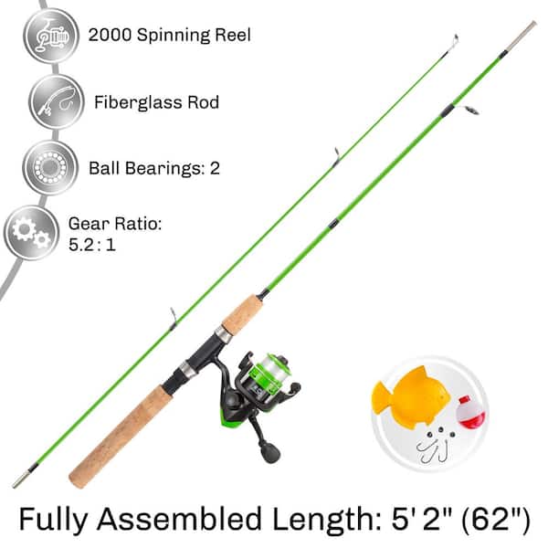 Trademark Global LLC 5 ft. 2 in. Fiberglass Fishing Rod and Reel Starter Set - 2000 Aluminum Spinning Reel for Beginners, Kids, and Adults