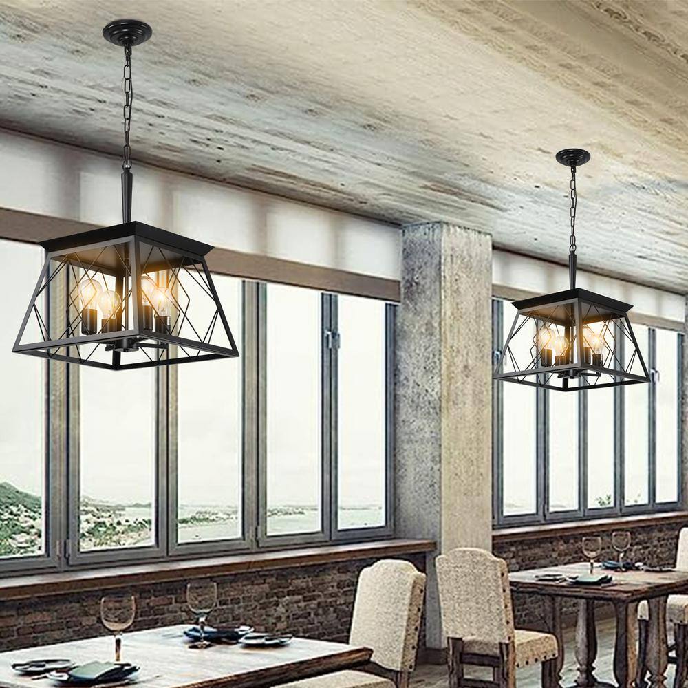 Black Metal Square Lantern Pendant Chandelier with Adjustable Chain