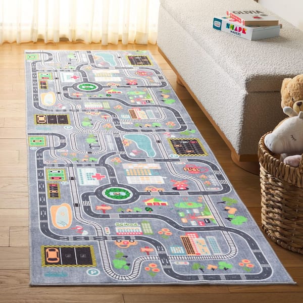 Santa Monica Kids 3 ft. x 8 ft. Light Gray/Gray City Roads Washable Runner Rug