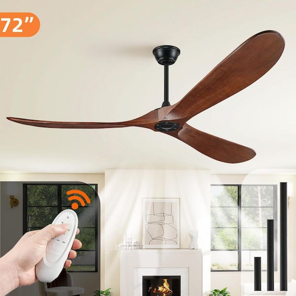 60 in. Modern Downrod Black Ceiling Fan, 3 Solid Wood Brown Blades, Remote Control & Wall Switch, 6-Speed, Without Light